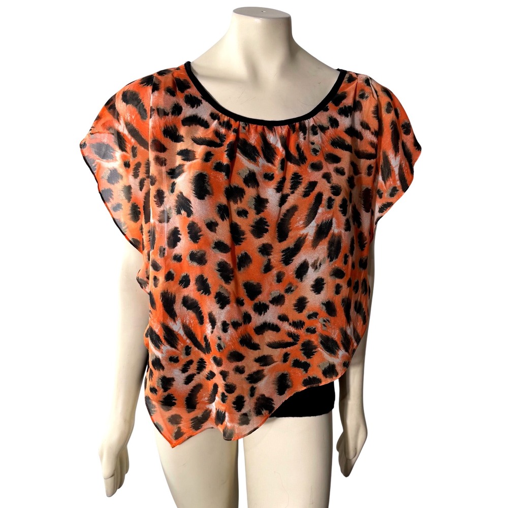 Women Sheer Leopard Print Overlay Top Orange Black Layered‎ Blouse Size L